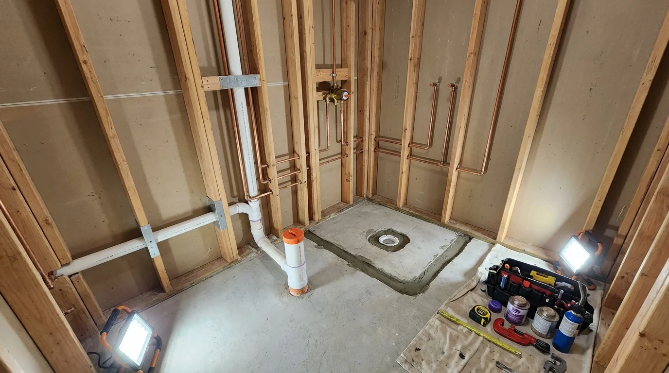 Bathroom rough-in plumbing during remodel by Johns Plumbing LLC in Fallon