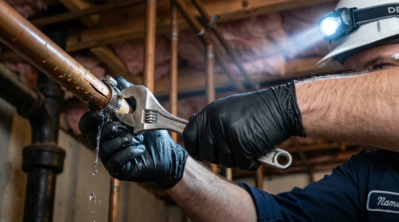Emergency pipe clamp repair being performed by a Johns Plumbing LLC plumber in Fallon