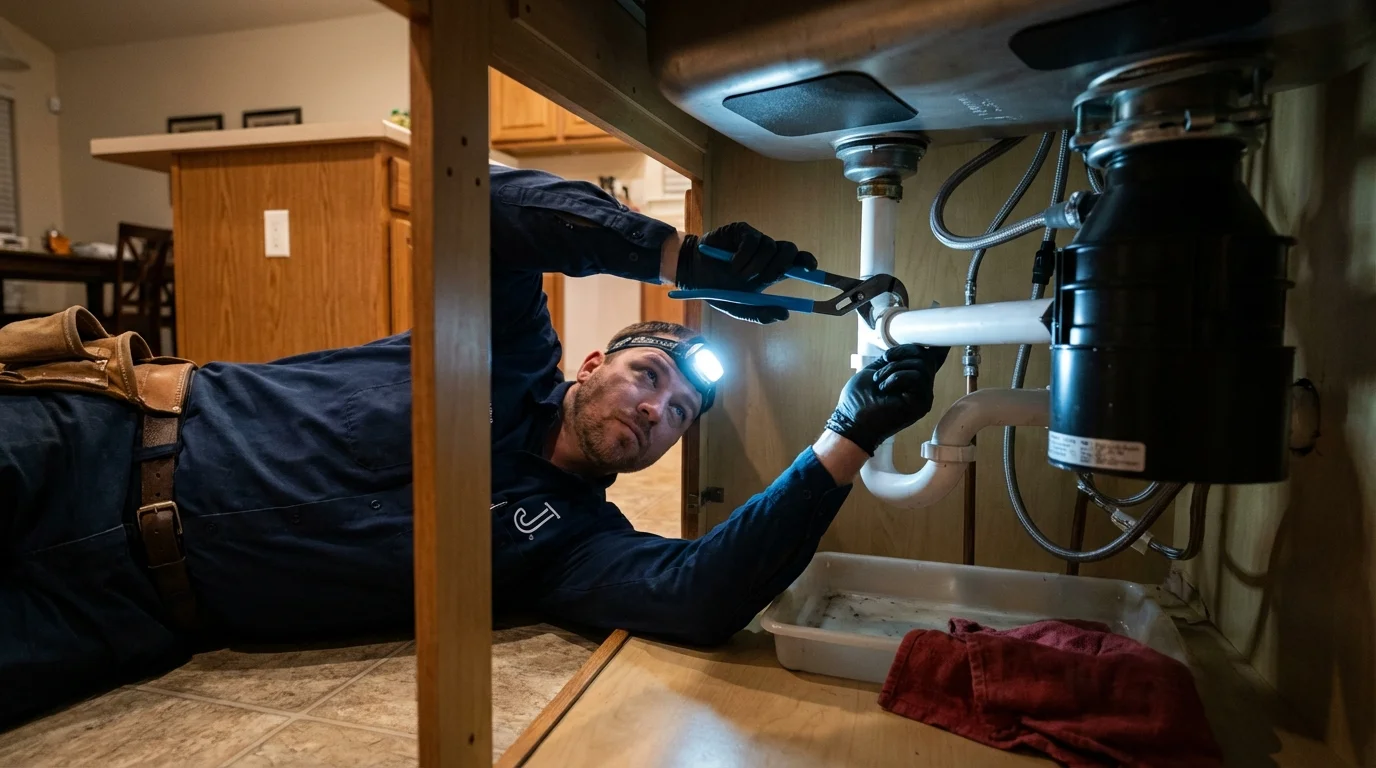 P-trap and supply line connections under a kitchen sink showing a common leak point in Fallon, NV